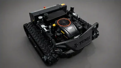 TENK T-BABY robotska kosilica s TENK logotipom – pogled iz kuta